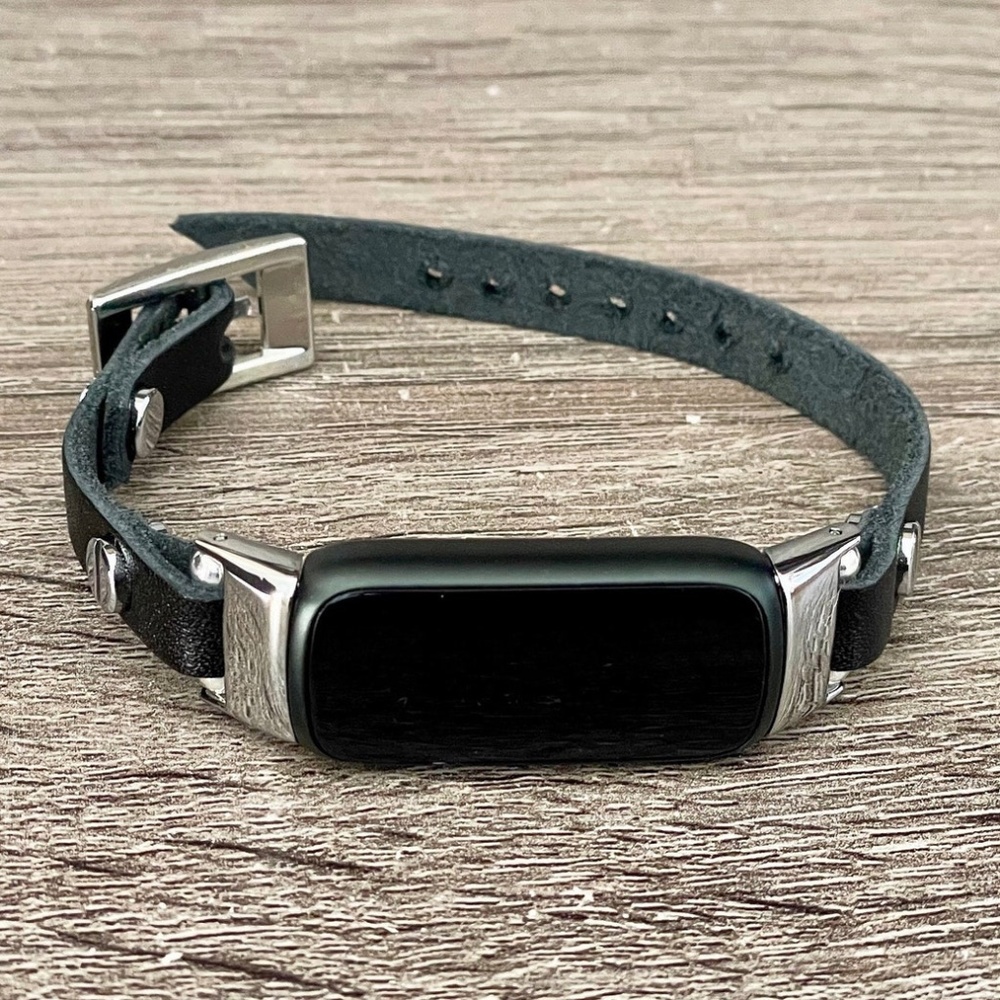 Black Leather Slim Strap Fitbit Luxe Band Women Design Silver Jewelry Wristband